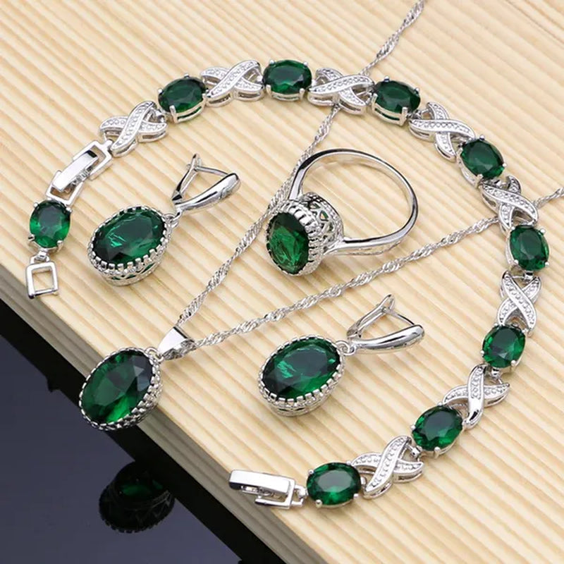 Natural 925 Sterling Silver Jewelry Green Emerald Jewelry Sets Wedding Women Earrings/Pendant/Necklace/Ring/Bracelets - WORLD TIME VISITS