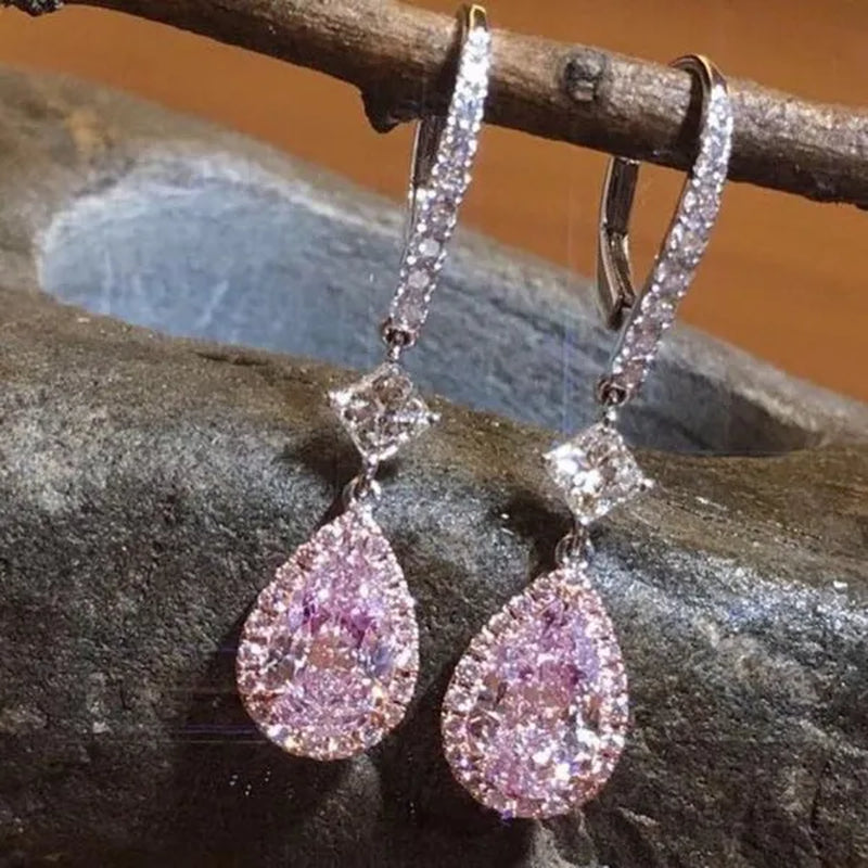 Fashion Bridal Wedding Earrings 925 Sterling Silver Teardrop Pink Sapphire Dangle Earrings for Women Jewelry