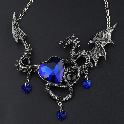 Fashion Heart-shaped Gemstone Alloy Pendant Gothic Punk Fire-breathing Dragon Necklace Jewelry