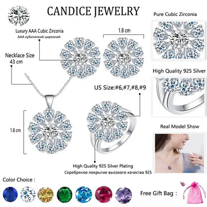 CANDICE BLUE Zirconia Stone Flower Stud Earrings Necklace Ring Fashion Sterling Silver Plated Jewelry for Christmas Party