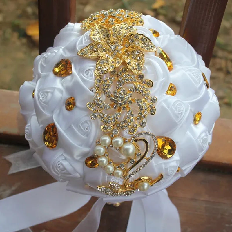 Private Custom 18CM Wedding Bouquet Luxury Gold Crystal Brooch Bride Bouquet Pure Handmade Silk Rose Ribbon Wedding Bride Holding Flowers Multi-color Optional