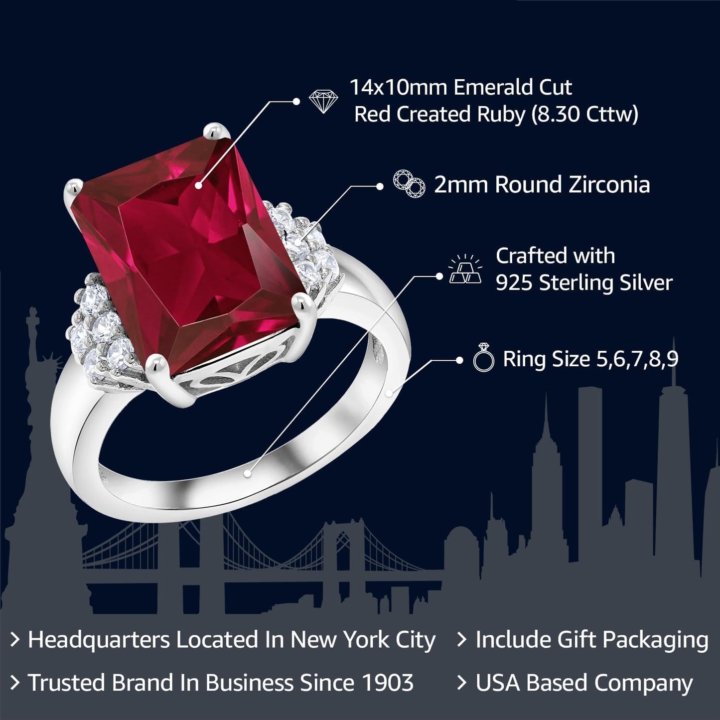 5-10 Cttw Gemstone Birthstone Engagement Ring for Women | 14X10MM Emerald Cut | 925 Sterling Silver | Wedding Anniversary Promise Ring | Available in Size 5, 6, 7, 8, 9 - WORLD TIME VISITS