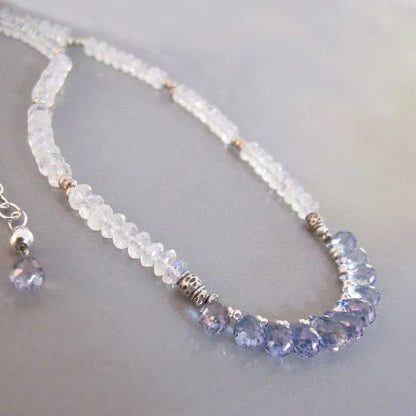 Rainbow Moonstone Mystic Topaz Necklace Sterling Silver Djstrang Blue Gemstone Bride Wedding Boho Shimmering Sundance Style