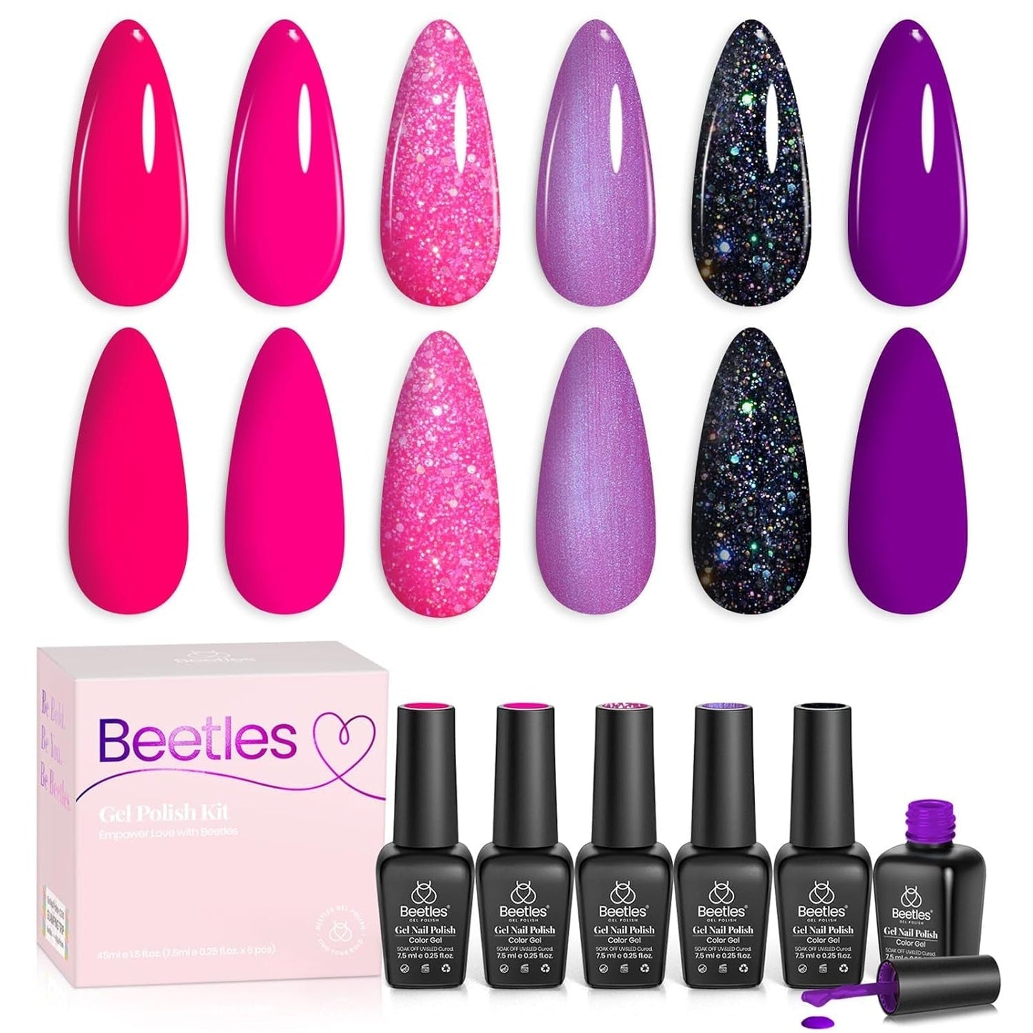 Beetles Neon Gel Nail Polish Set, 6 Colors Glitter Purple Pink Black Shimmer Electric Carnival Nail Gel Polish Soak off Uv Led Gel Polish Swirl Thread Effect DIY Manicure Art Gift for Women