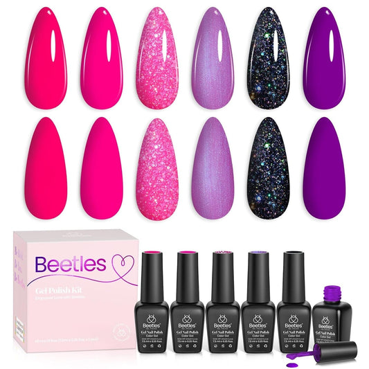 Beetles Neon Gel Nail Polish Set, 6 Colors Glitter Purple Pink Black Shimmer Electric Carnival Nail Gel Polish Soak off Uv Led Gel Polish Swirl Thread Effect DIY Manicure Art Gift for Women