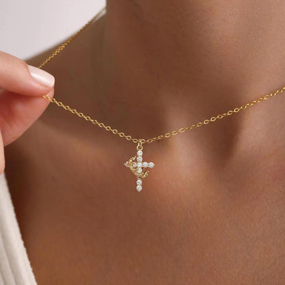 Upgraded Crown Cross Necklace for Women, 14K Gold Plated Crown Cross Pendant Necklace, Non-Tarnish Faith Jewelry for Women, Christian Religious Gifts for Her