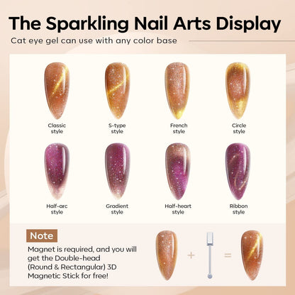 Gel Nail Polish Set, 6 Colors Nude Brown Gel Polish Glitter Burgundy Shiny Champagne Gold Magnetic Cat Eye Effect Sparkle Stunning Home Nail Art Kit Gift for Girl Women