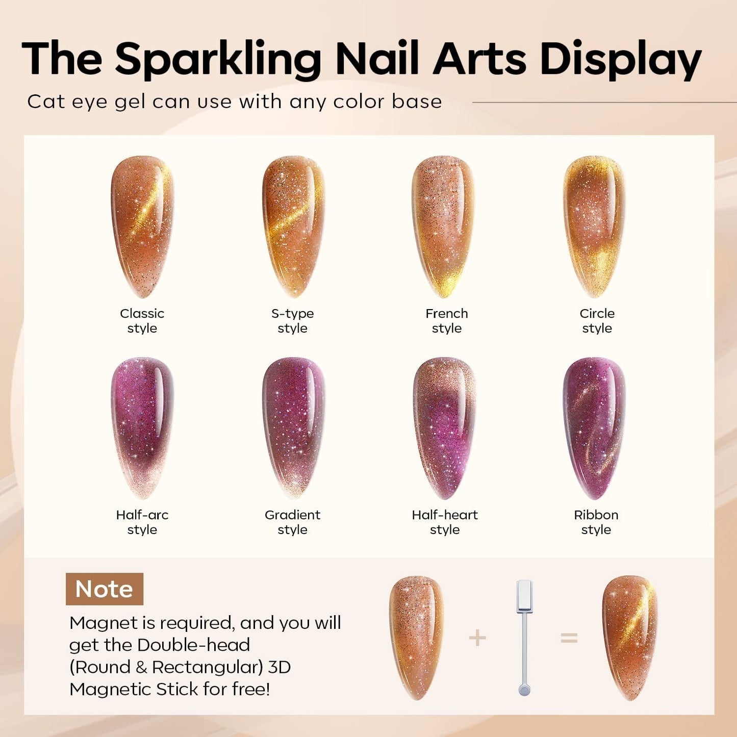 Gel Nail Polish Set, 6 Colors Nude Brown Gel Polish Glitter Burgundy Shiny Champagne Gold Magnetic Cat Eye Effect Sparkle Stunning Home Nail Art Kit Gift for Girl Women