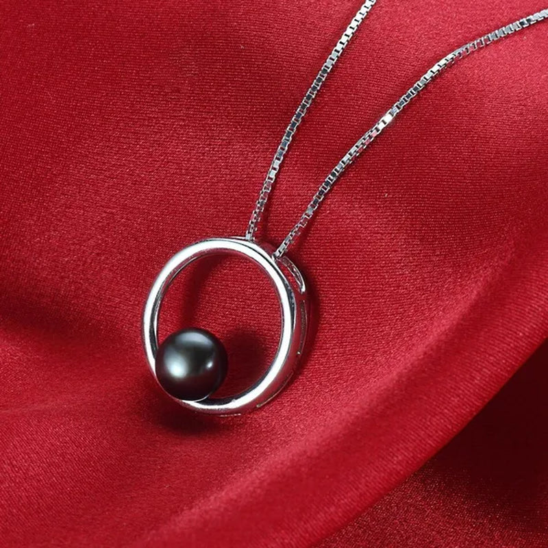 Fashion 925 Sterling Silver 7-8mm Black Freshwater Cultured Pearl Pendant Necklace for Women Gifts