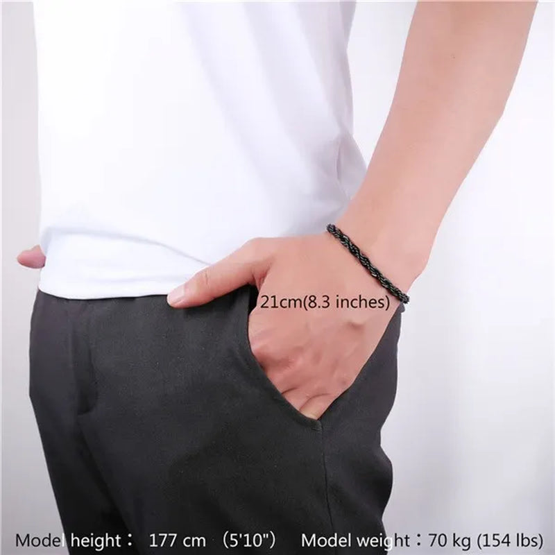 Cool Men Rope Chain Bracelet 6MM 8.3 Inches - 3 Colors Black, Silver, Gold