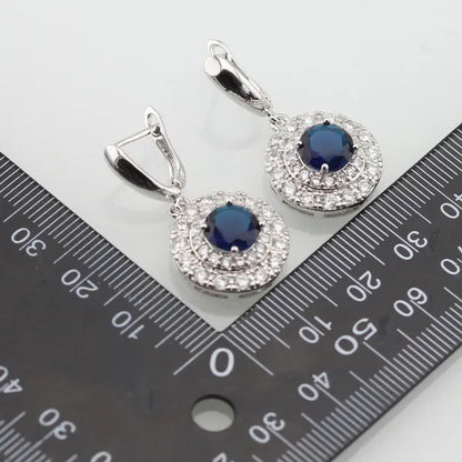 Blue White Topaz Silver Color Jewelry Sets for Women Engagement Necklace Pendant Bracelets Earrings Rings Gift Box