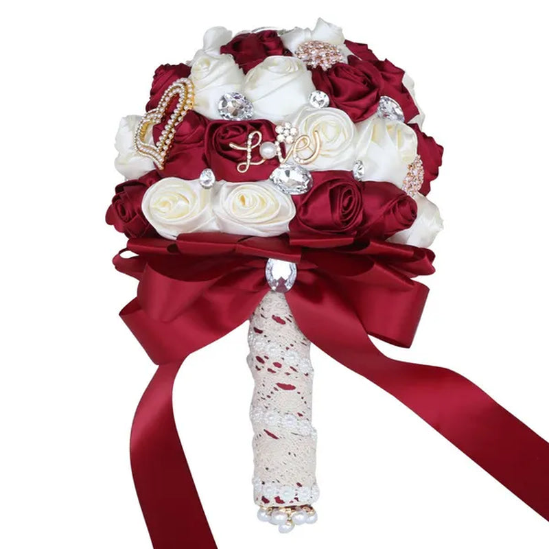 20CM Simulation Silk Rose Wedding Bouquet Diamond Pearl Brooch Bridal Bouquets Romantic Bridesmaid Holding Flowers - WORLD TIME VISITS