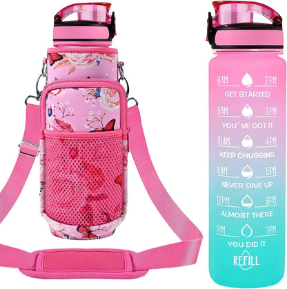 32 Oz Water Bottles with Straw & Strap, Motivational Water Bottles with Times to Drink, BPA Free Reusable Sports Water Bottle with Sleeve Carrier for Hiking, Travel, Running or Fitness - WORLD TIME VISITS