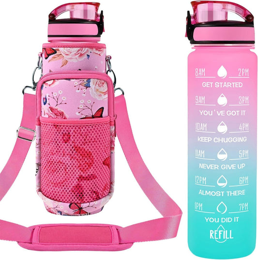 32 Oz Water Bottles with Straw & Strap, Motivational Water Bottles with Times to Drink, BPA Free Reusable Sports Water Bottle with Sleeve Carrier for Hiking, Travel, Running or Fitness - WORLD TIME VISITS