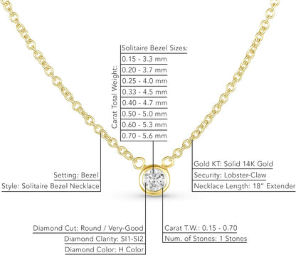 AGS Certified Natural Diamond Dainty Solitaire Bezel Necklace, White Gold 0.15 CTTW Prong Setting on 18" Extendable 14K Gold Chain (H Color, SI1-SI2 Clarity)