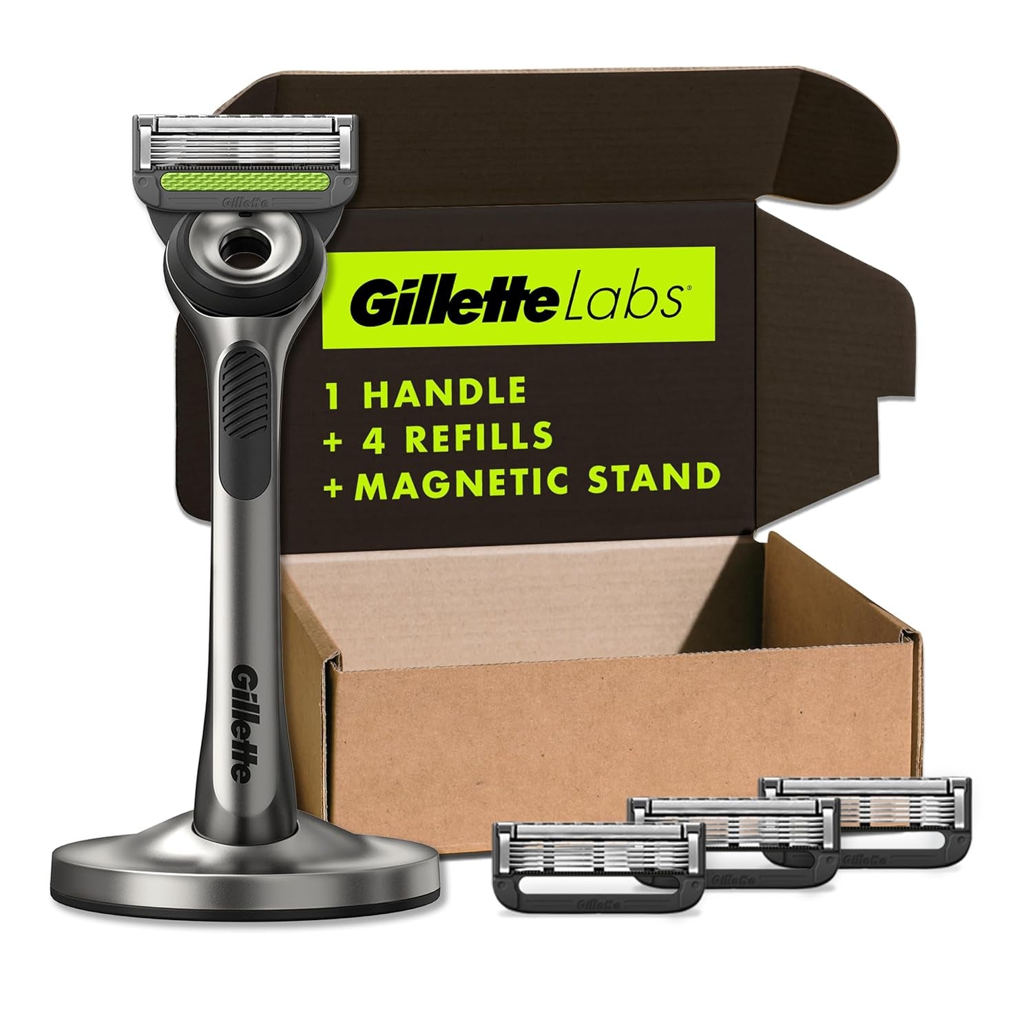 labs with Exfoliating Bar by  Razor for Men - 1 Handle, 4 Razor Blade Refills, Holiday Gifts for Men, Includes Premium Magnetic Stand - WORLD TIME VISITS
