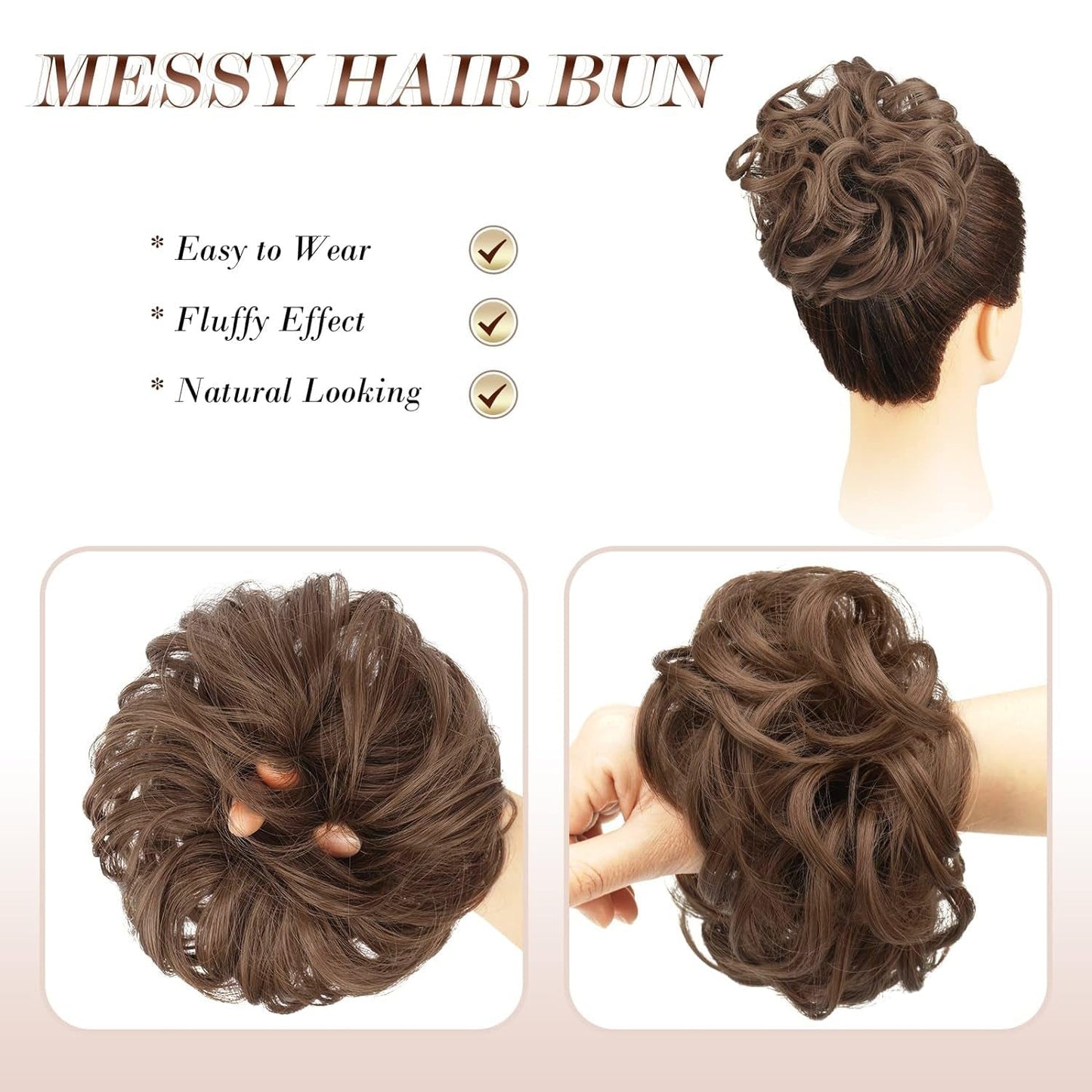 Messy Bun Hair Piece - Elastic Wavy Curly Hair Bun Scrunchies Extensions Synthetic Chignon Hairpieces for Women Girls, Light Golden Brown 1 PCS