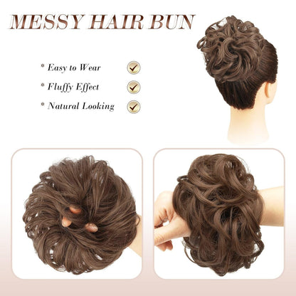 Messy Bun Hair Piece - Elastic Wavy Curly Hair Bun Scrunchies Extensions Synthetic Chignon Hairpieces for Women Girls, Light Golden Brown 1 PCS