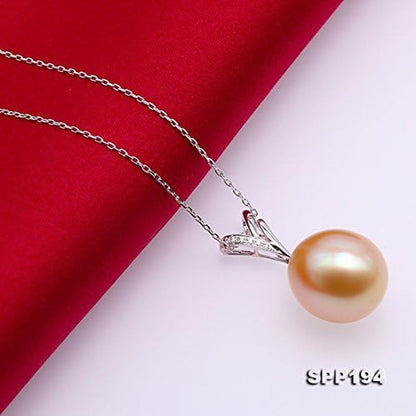 18K Gold Pendant 13X14Mm Oval Golden South Sea Cultured Pearl Pendant Necklace Dotted with Diamonds for Women