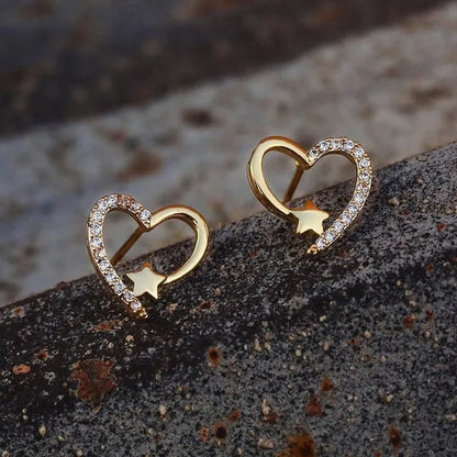 14K Gold Love Heart Star White Zircon Stud Earrings for Women Wedding Engagement Bride Jewelry Gift