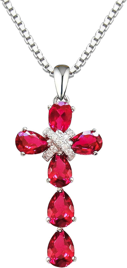 925 Sterling Silver 18K White Gold Plated 2.5Ct Pear Emerald Ruby Sapphire Cross Crucifix Necklace Pendant 18"