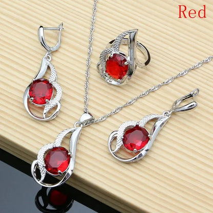 925 Silver Jewelry Sets for Women Rainbow Tourmaline Wedding Necklace Earrings Open Ring