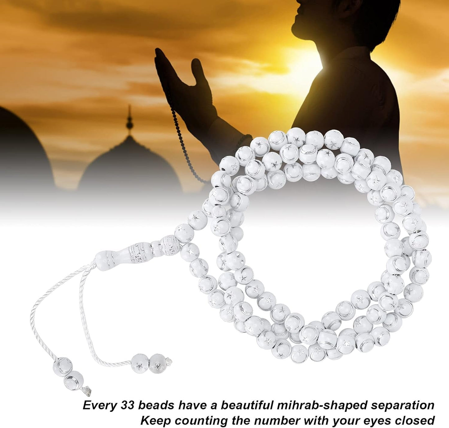 Islamic Prayer Beads, Muslim Rosary Beads 99 Grains Resin Gilding Religious Article(White)