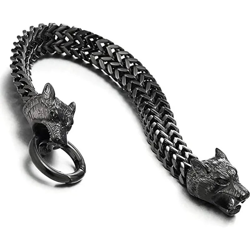 Rock Wolf Charm Bracelet Men's Stainless Steel Mesh Chain Punk Bracelets Biker Jewelry