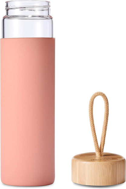 20 Oz Borosilicate Glass Water Bottle with Bamboo Lid and Silicone Sleeve – Reusable BPA Free – Glass Drinking Bottle with Lids - Cute Glass Bottle for Women - Glass Shaker Bottle(Dahlia)