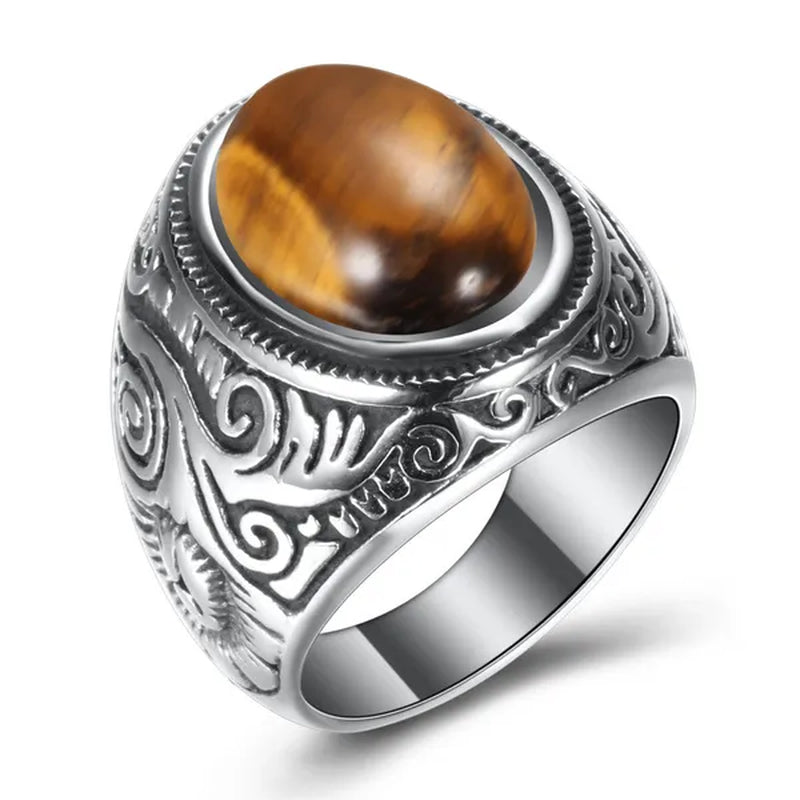 Vintage Men's Gemstone Ring Stainless Steel Single Turquoise Agate Tiger Eye Stone Rings Jewelry Gift for Men Women Boyfriend Girlfriend