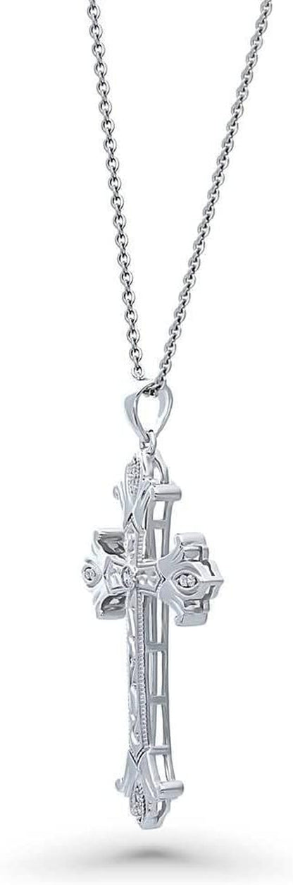 Sterling Silver Gold Flashed Cross Pendant Necklace for Women, Cubic Zirconia CZ - Sideways Cross, Filigree Styles - WORLD TIME VISITS