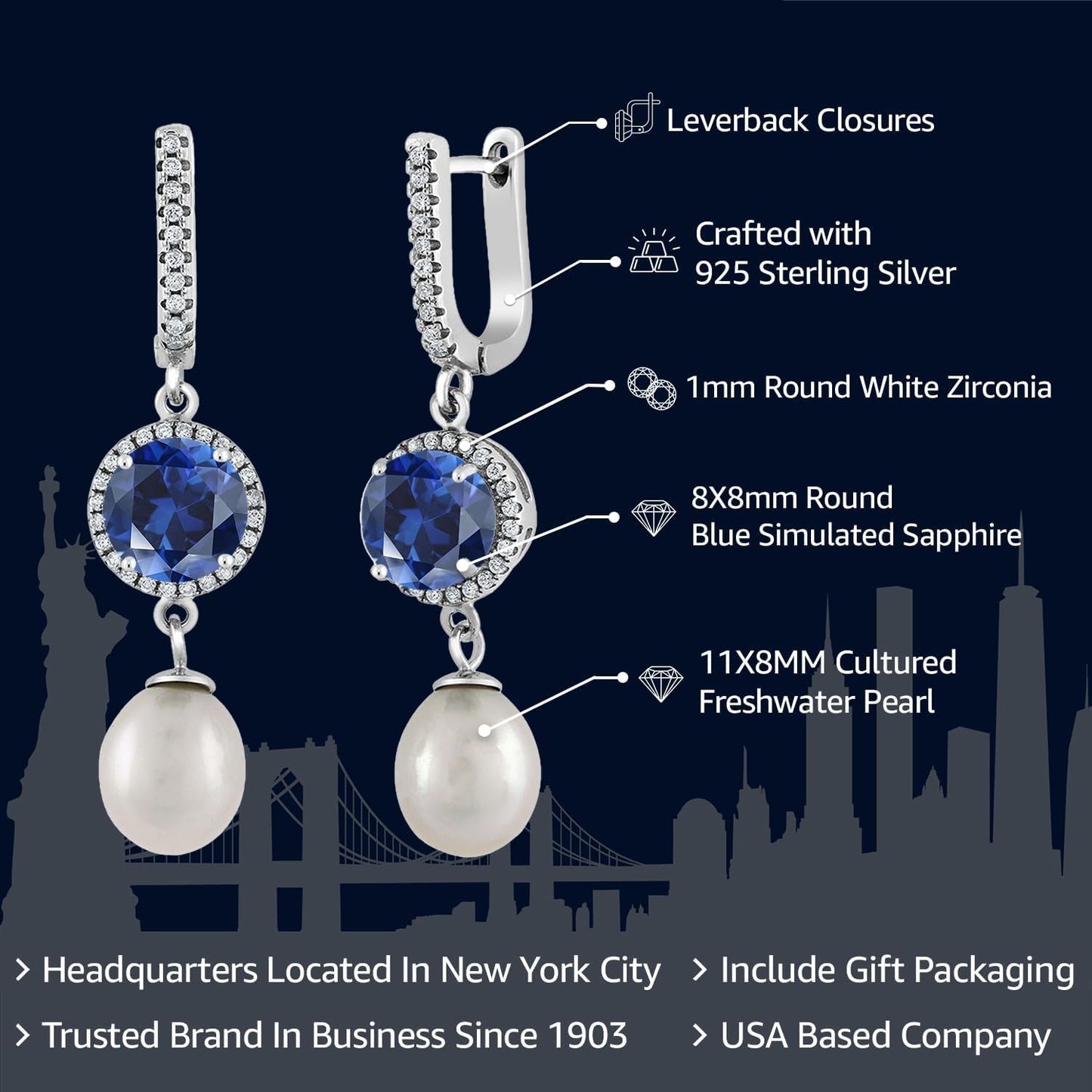 Cultured Freshwater Pearl and Gemstone Birthstone Drop Dangle Earrings for Women | 925 Sterling Silver | 11X8MM Pearl and 8MM Gemstone Birthstone