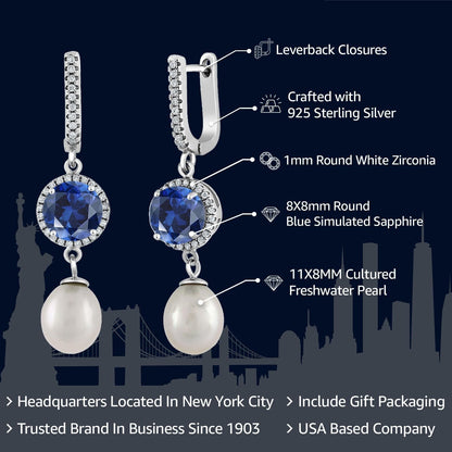 Cultured Freshwater Pearl and Gemstone Birthstone Drop Dangle Earrings for Women | 925 Sterling Silver | 11X8MM Pearl and 8MM Gemstone Birthstone