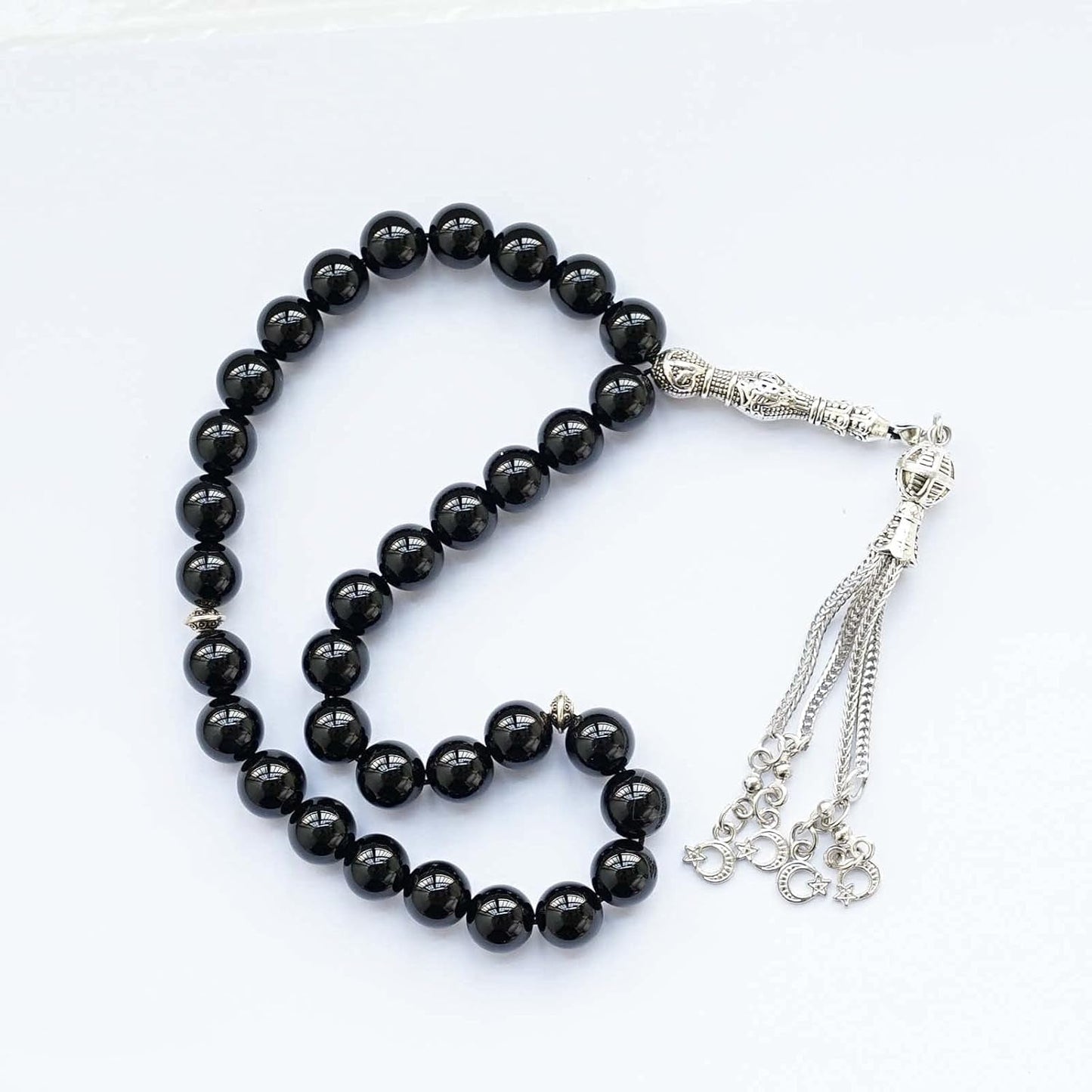 10Mm Tasbih Prayer Beads Natural Black Agate Stone Islamic Misbaha Prayer Rosary Beads Muslim Islam Misbaha Bracelet Moon Tasbeeh Sibha 33 Prayer Beads Hand Bracelets