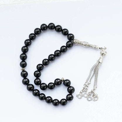 10Mm Tasbih Prayer Beads Natural Black Agate Stone Islamic Misbaha Prayer Rosary Beads Muslim Islam Misbaha Bracelet Moon Tasbeeh Sibha 33 Prayer Beads Hand Bracelets