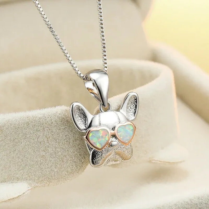 Fashion 925 Silver Plated Cgold Dog Charm White Simulated Opal Pendant Necklace Wedding Jewelry