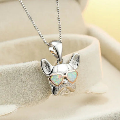 Fashion 925 Silver Plated Cgold Dog Charm White Simulated Opal Pendant Necklace Wedding Jewelry