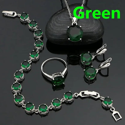 925 Sterling Silver Bridal Jewelry Sets Green Emerald Drop Earrings Ring Pendant Necklace Bracelet 4Pcs Birthday Gift for Women