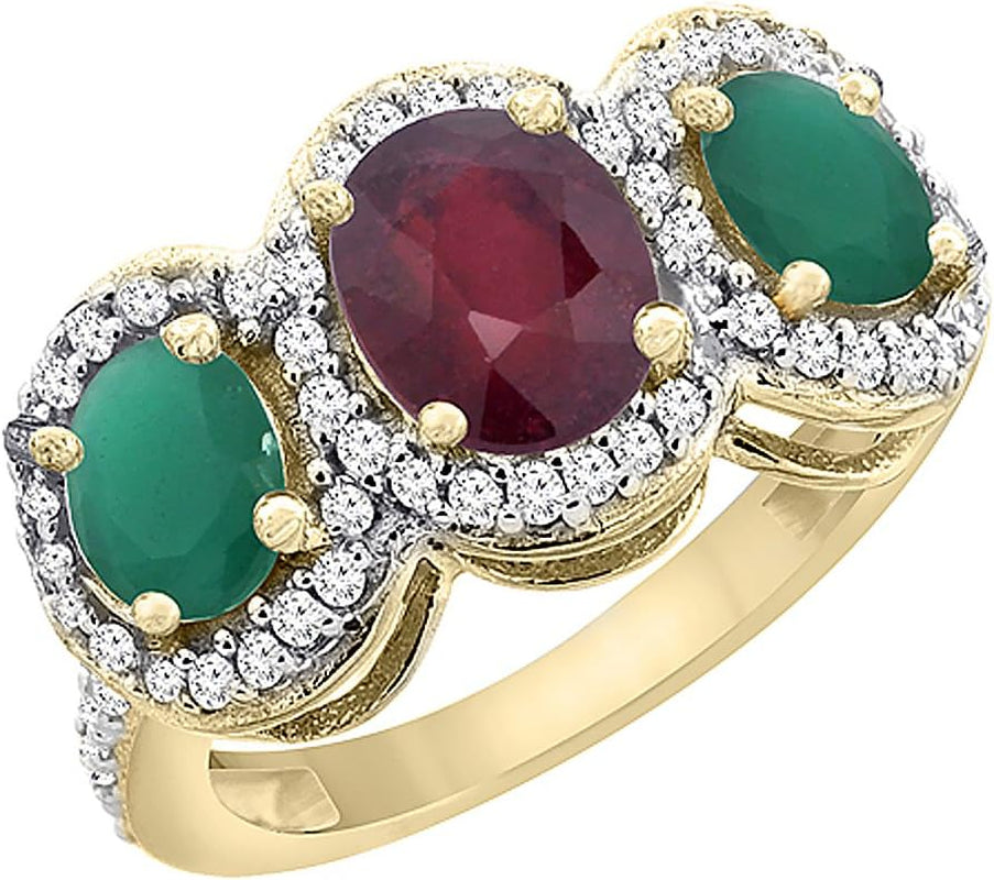 10K Yellow Gold Natural Quality Ruby & Cabochon Emerald 3-Stone Mothers Ring Oval Diamond Accent,Sz5-10