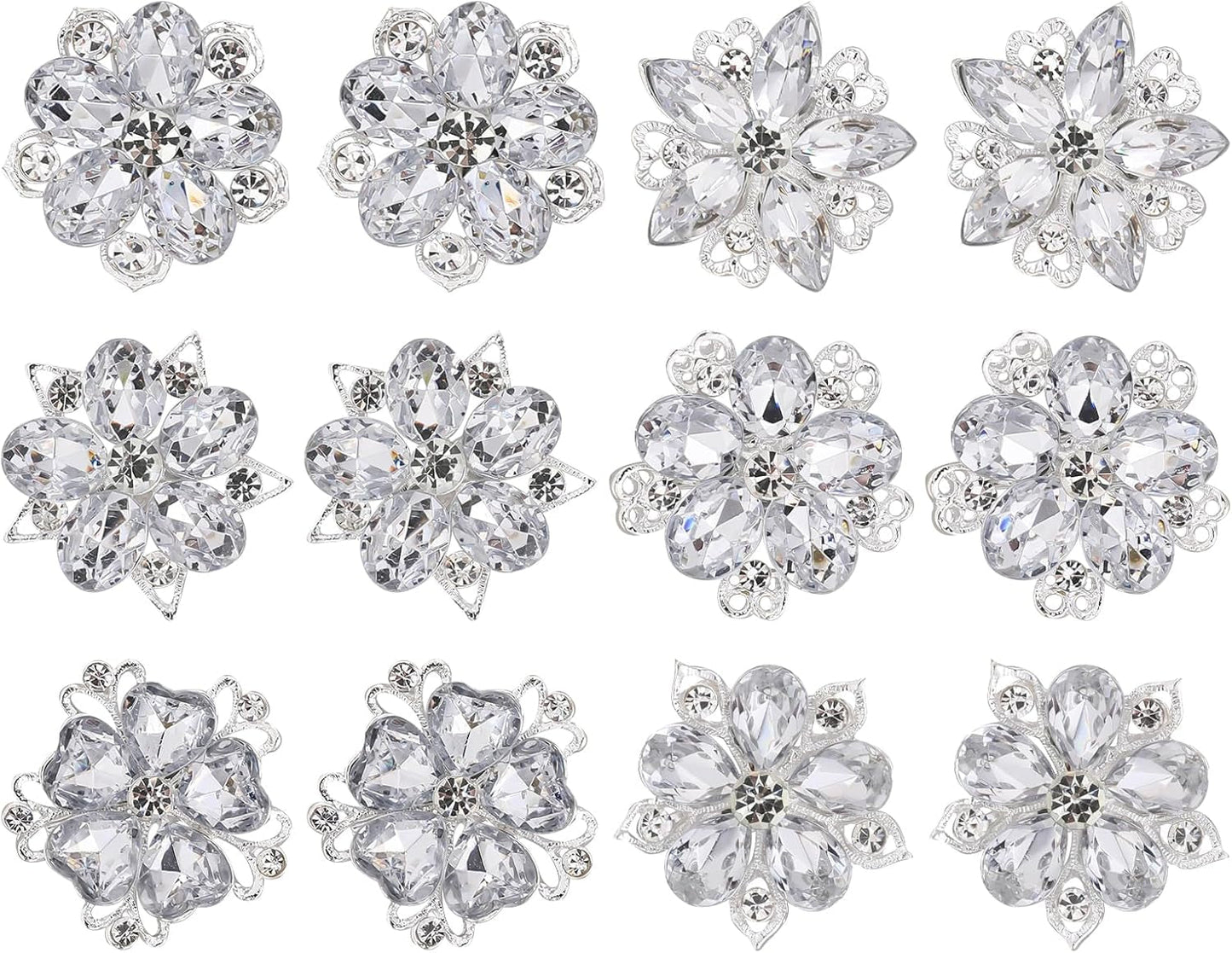 12 Pcs Rhinestone Brooch, Silver Brooch Pins, Assorted Crystal Brooch Pin Small Flower Brooches Pins Decorative Brooch Pins for Crafts Flower Lapel Badge Pins for Women DIY Bridal Wedding Bouquet Kit