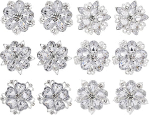 12 Pcs Rhinestone Brooch, Silver Brooch Pins, Assorted Crystal Brooch Pin Small Flower Brooches Pins Decorative Brooch Pins for Crafts Flower Lapel Badge Pins for Women DIY Bridal Wedding Bouquet Kit