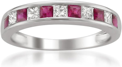 1/2 Carat Princess Cut Diamond Wedding Band, 14K Gold Channel Set (H-I, I1-I2) Natural Diamond for Women, Gift Box Included (Ruby & Blue Sapphire, White & Yellow Gold)