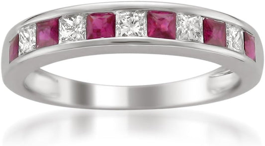 1/2 Carat Princess Cut Diamond Wedding Band, 14K Gold Channel Set (H-I, I1-I2) Natural Diamond for Women, Gift Box Included (Ruby & Blue Sapphire, White & Yellow Gold)