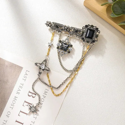 Fashion Black Six-Pointed Star Crystal Tassel Pendant Brooch Retro Pin Baroque Gemstone Decoration Simple Personality Rhinestone Zircon Square Flower Brooch Women and Men Unisex Clothing Accessories Wedding Engagement Bride Anniversary Party Jewelry Gift