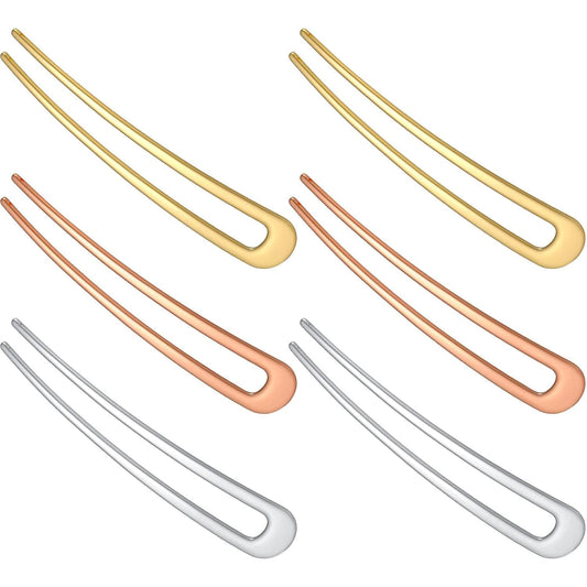 6 Pieces Hair Pins Simple Metal U Shaped French Gold Hair Fork Sticks 2 Prong Updo Chignon Pins for Women Lady Buns Accessories(Gold, Silver, Rose Gold)