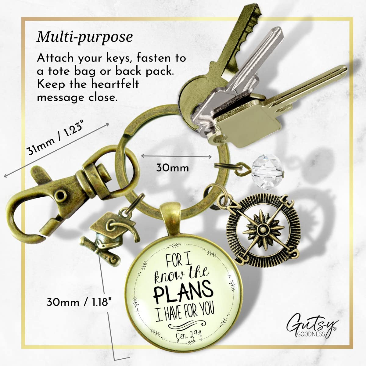 Graduate for I Know Plans Womens Keychain Boho Bronze Faith Jewelry Gift Key Ring - Handmade Pendant Religious Verse Jeremiah 2911 Graduation Tassel Cap Charm & Bead, Ready to Gift Message Card & Box