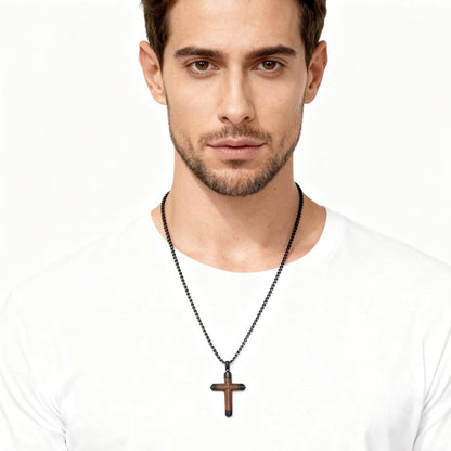 Cross Necklace for Men, Real Ebony Wooden Mens Cross Necklace Black Stainless Steel Christian Handmade Wood Pendant for Men, 24 Inch Box Chain