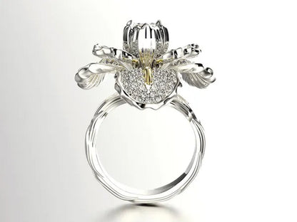 Silver Ring Iris Flower Two Tone Ring Blue Sapphire Flower Engagement Cocktail Ring Statement Crown Ring Natural Gemstones Ring Wedding Bride Engagement Band Charm Party Ring Jewelry