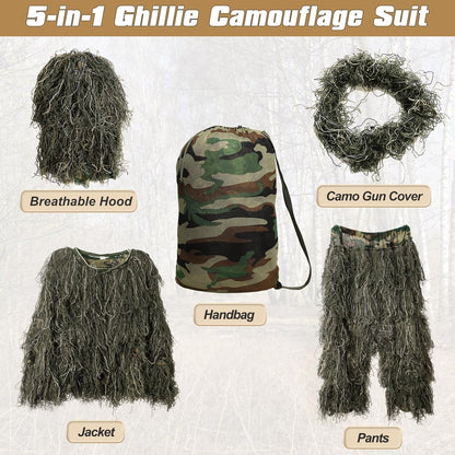 5 in 1 Ghillie Suit, 3D Camouflage Hunting Apparel W/Jacket, Pants, Hood, Carry Bag for Adults/Youth, S/M/L/XL/XXL