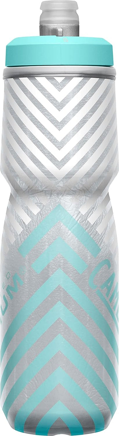 Podium Chill Insulated Bike Water Bottle - Easy Squeeze Bottle - Fits Most Bike Cages - 24Oz, Grey/Teal Stripe